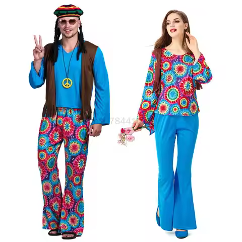 New Adult Retro 60s 70s Hippie Love Peace Costume Cosplay Women Men Couples Halloween Purim Party Co