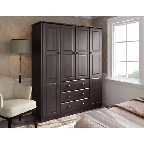 Wardrobe, 100% Solid Wood Family Wardrobe Closet Armoire, Java, 3 Clothing Rods Included, 60.25" W X