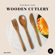 H341. Acacia Wood Cutlery Set / Wooden Spoon / Wooden Fork / Wooden Knife / Wooden Cutlery