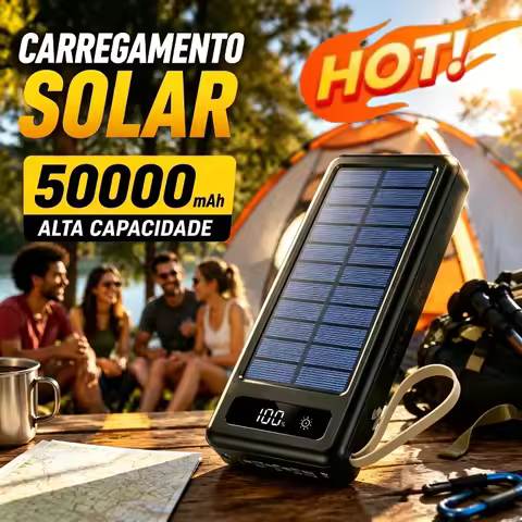 Lenovo Carregador Portátil Solar 10000mAh 30000mAh 50000mAh 4 Portas USB Cabos Embutidos Lanterna LE