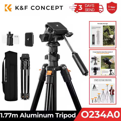 K&F Concept 196cm Camera Tripod 3-Way Head Aluminum Lightweight Video Tripod for DSLR & Smartphone C