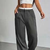 Ruo Bei Xuan กางเกงขากว้างเอวสูงหรูหราพร้อมลายทางสำหรับผู้หญิง