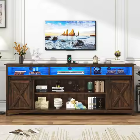 LED Farmhouse TV Stand for 90/85 inch TVs, Rustic Entertainment Center TV Cabinet Stands with Power 