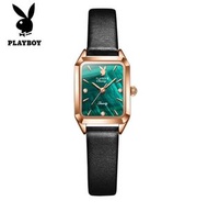 PLAYBOY小綠錶長方形小眾女士手錶(黑皮玫殼綠面女）#S057029258