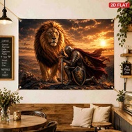 2D Flat Banner, 1 Piece Pack, Lion Armor Knight Sunset Fantasy Photography Background Cloth