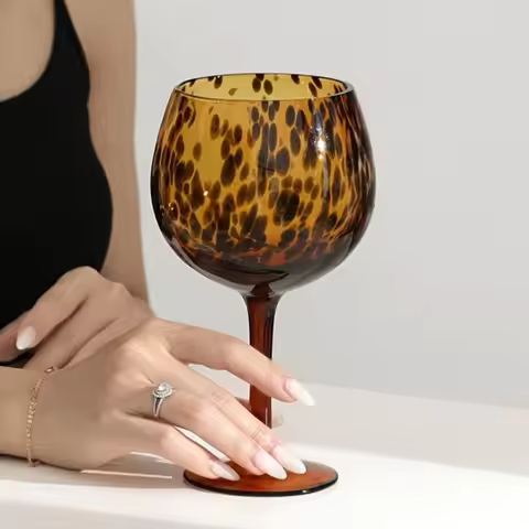 Vintage Amber Leopard Goblet Glass Art Style Drink Cup Heat-resistant Lightweight Leopard Spot Highb