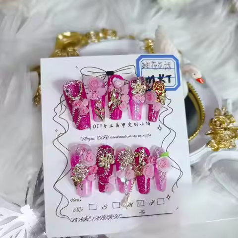 Press On Nails Handmade Pink Ombre 3D Rose Gold Accented Stunning Design False Nails Full Set 24pcs 