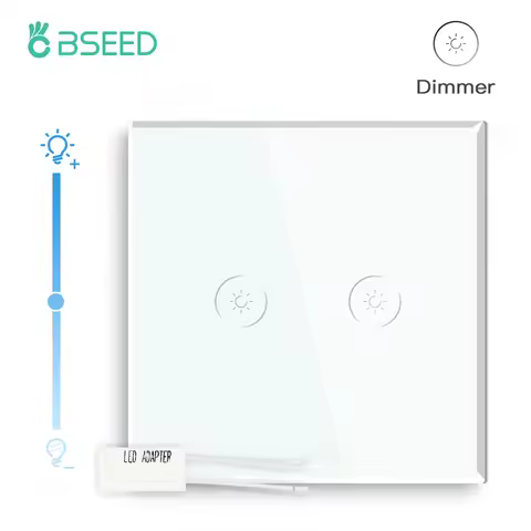BSEED Touch Dimmer Switch 2Gang 1Way LED Dimmable Wall Light Switch Crystal Glass Panel Blue Backlig