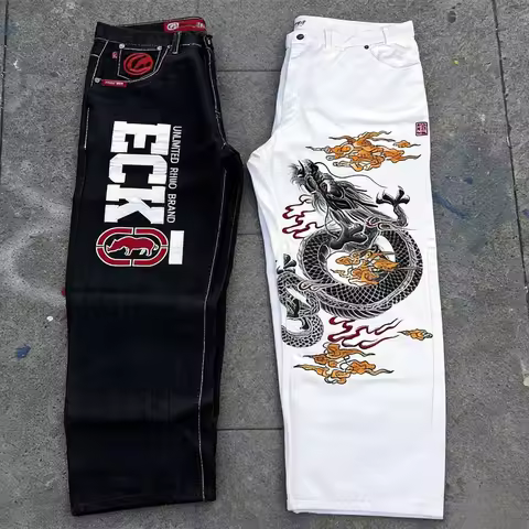 Y2K ECKO Jeans Mens American Vintage Hip-Hop Wide-Leg Pants Harajuku Hip-Hop Gothic Rock Couple Stra