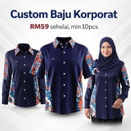 (haishan)Baju Korporat Custom Lelaki & Wanita Corak Batik Moden Warna Navy – Kain Sejuk & Tahan Lasa