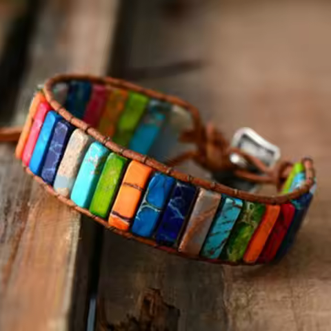 Bohemian Multicolor Emperor Stone Bracelet 7 Chakra Healing Rectangular Stones Bracelet Leather Rope