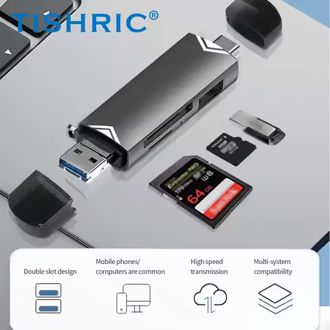 TISHRIC 6 in 1 Card Reader External U Disk TF/SD Card Keyboard Mouse 5Gbp/s USB Type-C Interface Alu