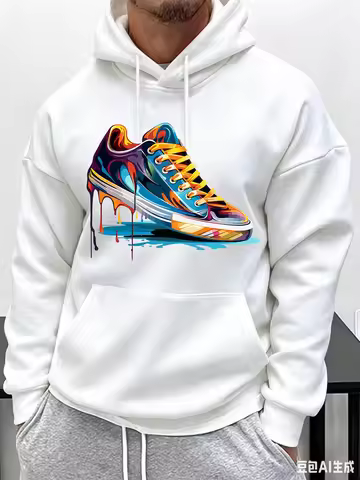 Men Hoodie Autumn Winter Fleece Sweatshirt Drip Art Sneaker Print Hip Hop Casual Streetwear Kangaroo