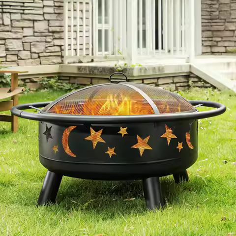 32 Inch Round Metal Wood Burning Fire Pit with Star and Moon Cutouts, Mesh Cover & Fire Poker for Pa