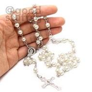 [SG FREE ] Catholic Necklace Crystal White-Pearl Long Chain White Rosary Catholic Necklace Lady Long