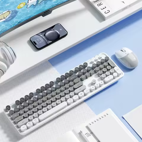 MOFii Gray White Gradient Dual-Mode Wireless Combo, Retro Round Rechargeable Ergonomic Keyboard Mous
