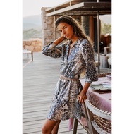 Zara made in Morocco đủ tag Đầm suông xòe cổ bẻ tay hồng họa tiết da snake màu xám