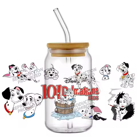 Popular Designs UV DTF 3D Cute 101 Dalmatians Cartoon Dog Transfer Sticker 16oz Glass Can Cup Coffee