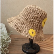 Mũ cói nữ mũ đi biển hoạ tiết hai bông hoa xinh có dây điều chỉnh vòng đầu