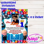 Hako Birthday Invitation Card Baby Boss Theme - 4 x 6 inches with Free Layout