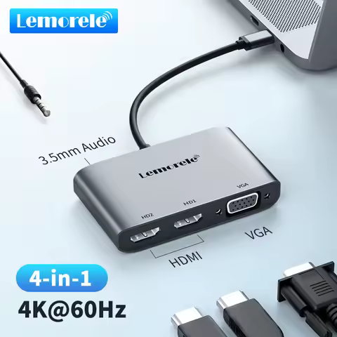 Lemorele USB Hub 4K@60Hz USB C To Dual HDMI Splitter Adapter Cable VGA Adapter 3.5mm Audio Video Cab