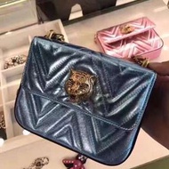 （正品）GUCCI 老虎頭超吸睛螢光藍鏈條包單肩包