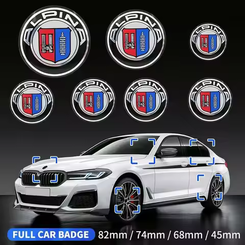 7pcs 3D ALPINA logo car Front Hood Emblem 82mm+Rear Badge 74mm+Wheel Hub Cap 68mm+steering wheel sti