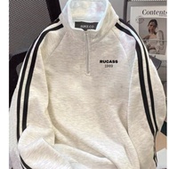 Rucass 1989 Mini Half Zip Sweater with Side Text, Misty Grey, Premium Black List