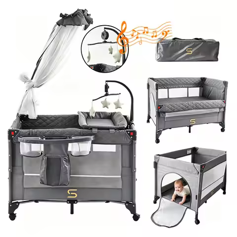 Steanny Pack N Play, All-in-one Playard with Bassinet, Pack and Play, Bedside Sleeper Foldable Trave