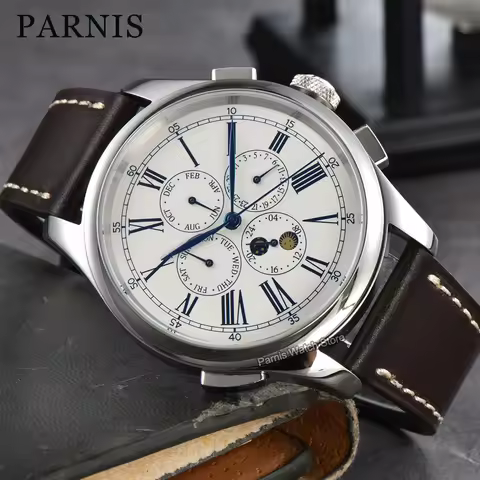 Parnis 45mm White Dial Blue Marks Men Watch Automatic Mechanical Calendar Leather Strap Watches