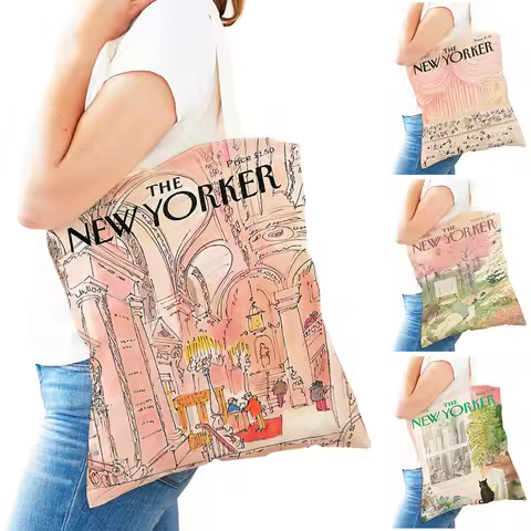 New Yorker Magazine Women Shopping Bags Double Print Casual Travel to City Shopper Bag Lady Canvas T