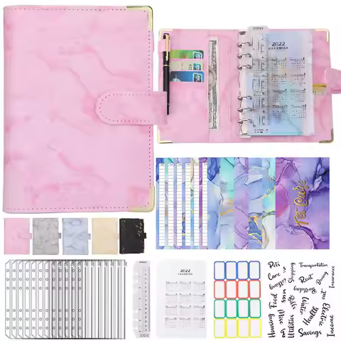 A6 Budget Binder with Marble Texture Pattern PU Leather Notebook Cover Zipper Envelopes Lable Sticke
