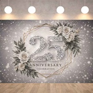 Silver Glitter 25th Anniversary White Floral Banner Waterproof Photography Photoshoot Background Cou