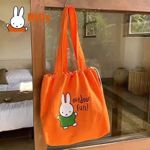 Kawaii Miffy Drawstring Tote Bag Cute Rabbit Embroidered Orange Canvas Shopping Bag Lightweight Fold