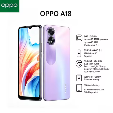 2026 New OPPO A18 Dual SIM Smartphone - 8 GB + 256 GB - Helio P35 - 6.5' HD+ Display - 5000 mAh Batt