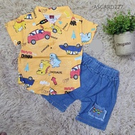 KEMEJA Children's Shirt and JeanS Set, Premium Material, Comfortable to Wear, Dino Car Motif, Ages 1