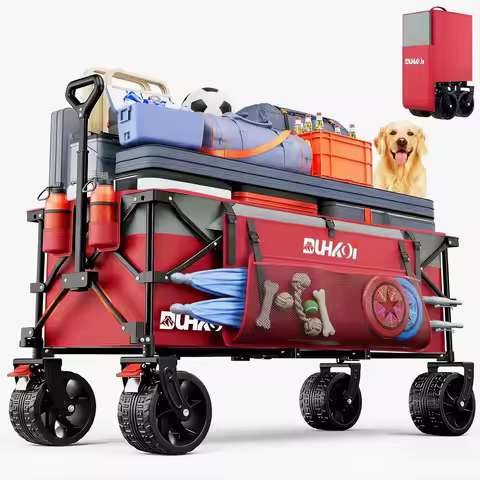 49 Collapsible Utility Wagon - 500lbs Capacity, 300L Storage, All-Terrain Wheels, Cup Holders for Sp
