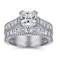 通琳 925純銀戒指情侶二合一套戒女士方形鋯石排鑽飾品