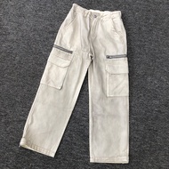Wang Sutaki Same Style Cannonball Zipper Pocket Washed Distressed Fading Straight Overalls Trousers 