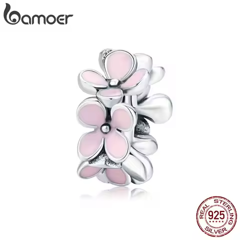 bamoer Silver 925 Pink Enamel Flower Charm for Women Original Bracelet Bangle 925 Sterling Silver DI