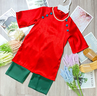 Bộ quần áo dài bé gái gấm đỏ nút xanh 8-28kg Angel Baby Thời Trang Thiết Kế