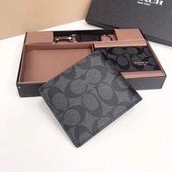 Coach 男士 Signature 系列黑灰配色雙折錢包、卡包及鑰匙扣禮盒套裝