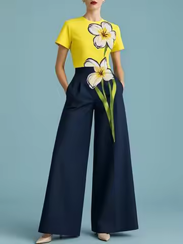 UOOZEE Women Casual Two Piece Sets Floral Printed Short Sleeves Yellow T-shirts & Elastic High Waist