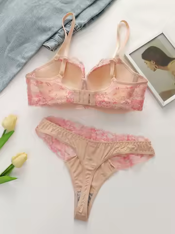 Women's Push Up Bra Set with Eyelash Lace Set Trim High Elasticity Smooth Cup 3D Tailoring Invisible