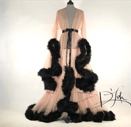 Old Hollywood Fuzzy Robe For Bed Time Flared Sleeve Tailing Dress Tulle Boudoir Robe Feather Bridal 