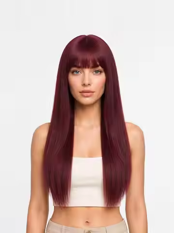 Burgundy Long Straight Synthetic Wig Women Air Fringe Heat Resistant Glueless Daily Cosplay Wig