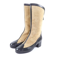 全新未使用 CHANEL Chanel 25A G46591 Coco Mark 五金配件，皮革飾邊，後拉鍊絨面革長靴，米色/黑色，38 碼，帶盒子，意大利製造。