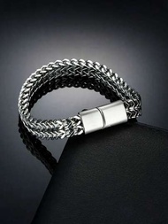 1入組銀色不鏽鋼編織四面可逆鏈磁扣手鍊,男士珠寶飾品