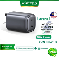 UGREEN 100W GaN USB C Charger Plug 2 Ports Type C Fast Wall Power Adapter Super Fast Charge Quick Charge 20W For Macbook Pro Air iPhone 15 Pro Max 14 Pro Max 13 12 iPad Pro Samsung Galaxy S23 Ultra S22 S21 Google Pixel 6 Dell XPS 12 Hp Asus Huawei Laptop