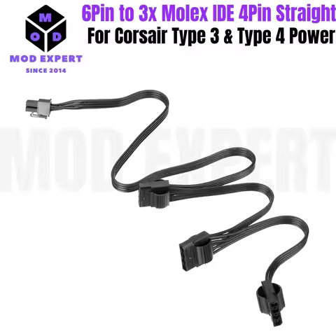 6Pin to 3x Molex 4Pin Straight, PATA Peripheral IDE Power Cable for Corsair CS850M, CS750M, CS650M, 